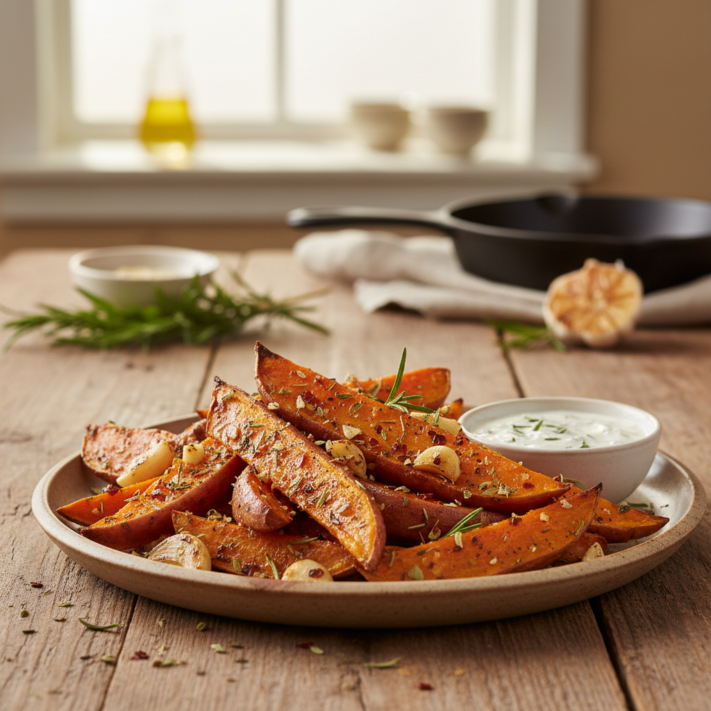 Roasted Garlic and Herb Sweet Potato Wedges