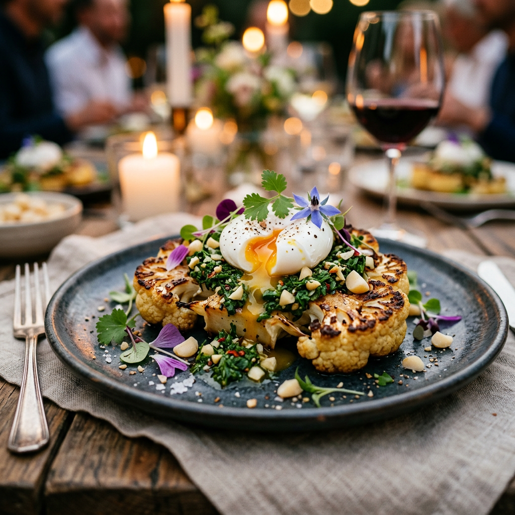 Cauliflower Steak with Herb-Macadamia Chimichurri and Poached Egg