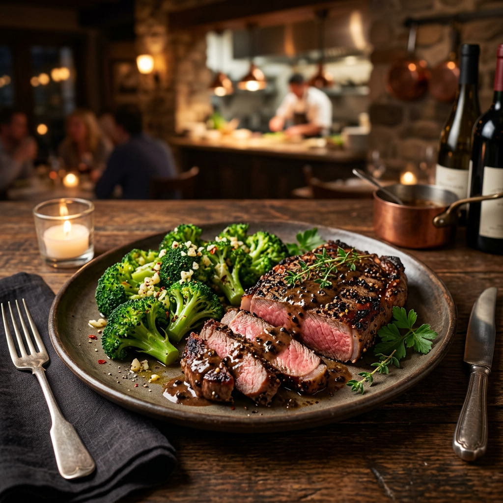 Peppercorn Steak with Garlic Broccoli