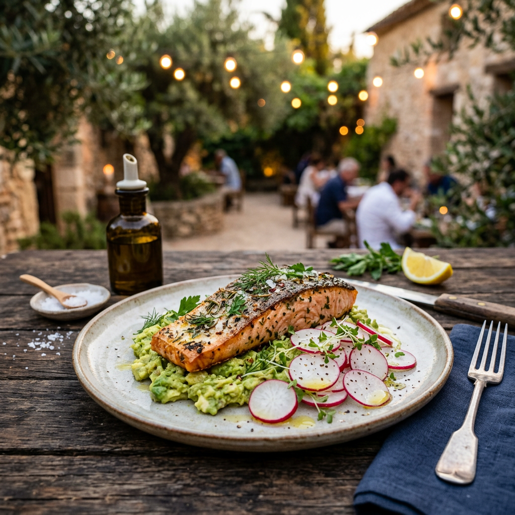 Herb-Roasted Salmon with Smashed Avocado & Radish