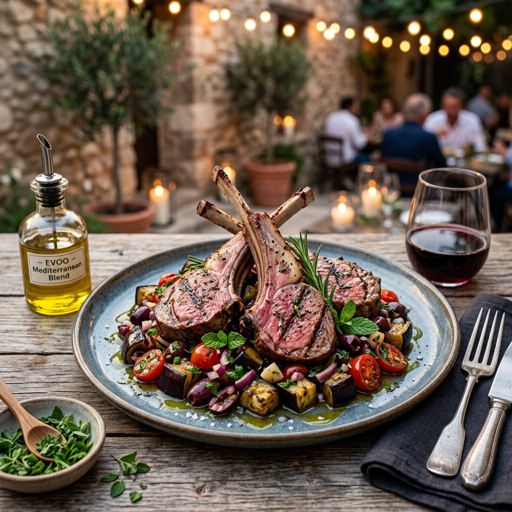 Mediterranean Lamb Chops with Charred Eggplant and Olive Relish