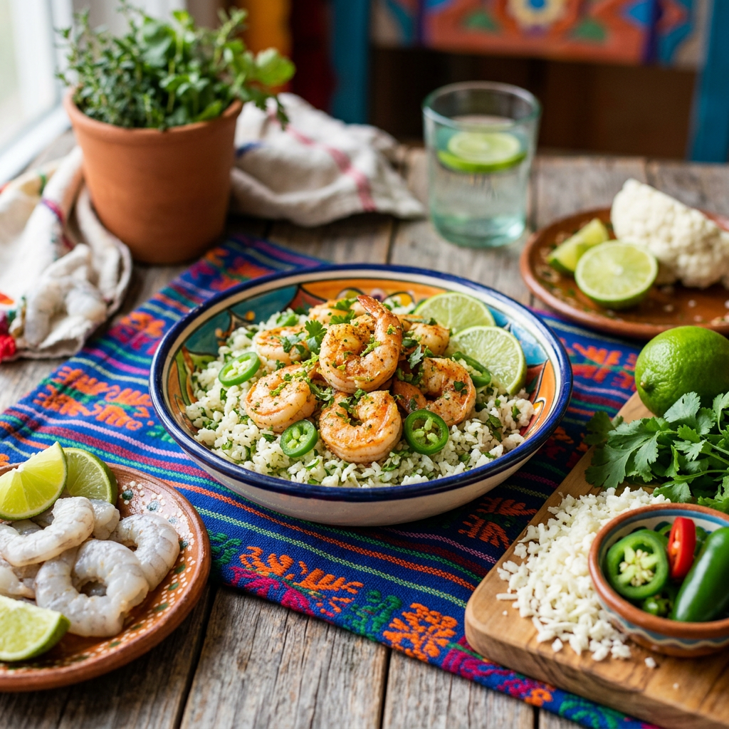 Cilantro-Lime Shrimp over Cauliflower Rice with Jalapeño