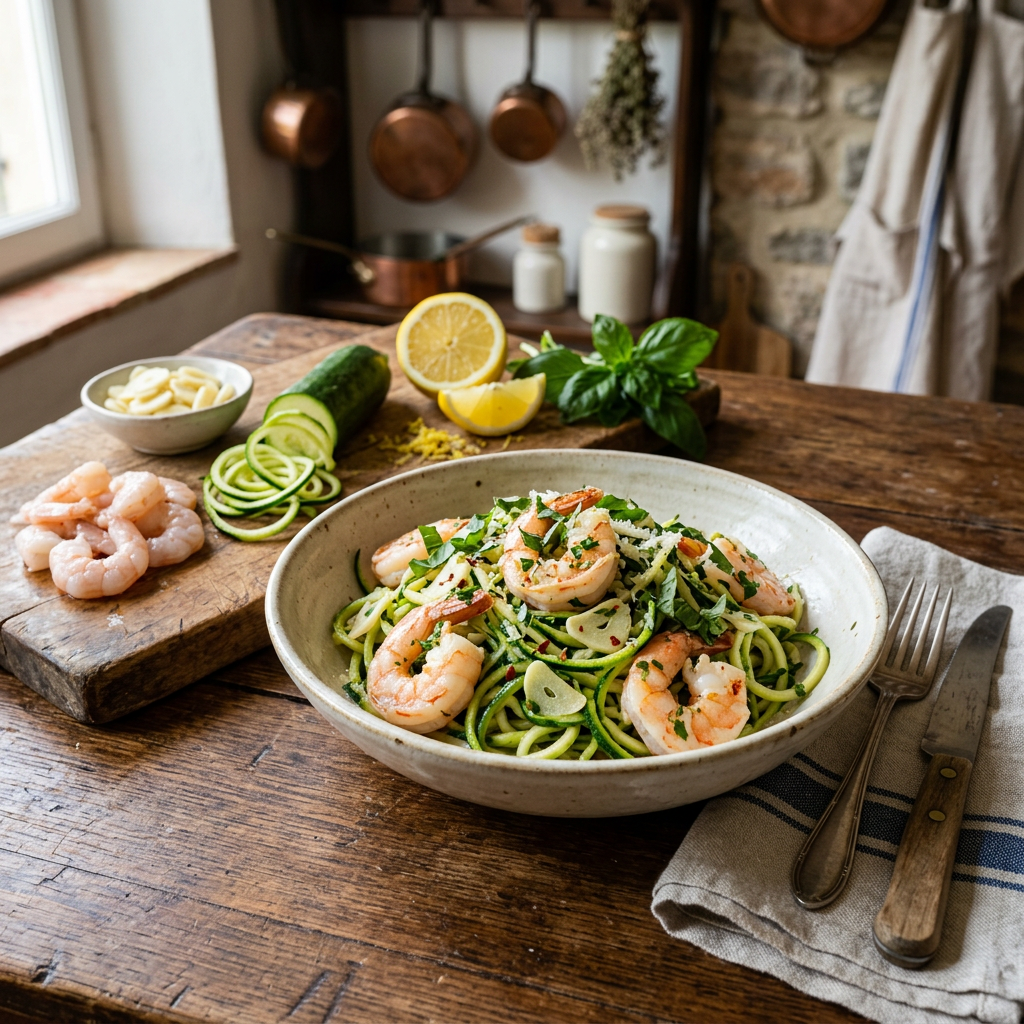 Zucchini Noodles with Garlic Shrimp (Oil-Free Scampi)