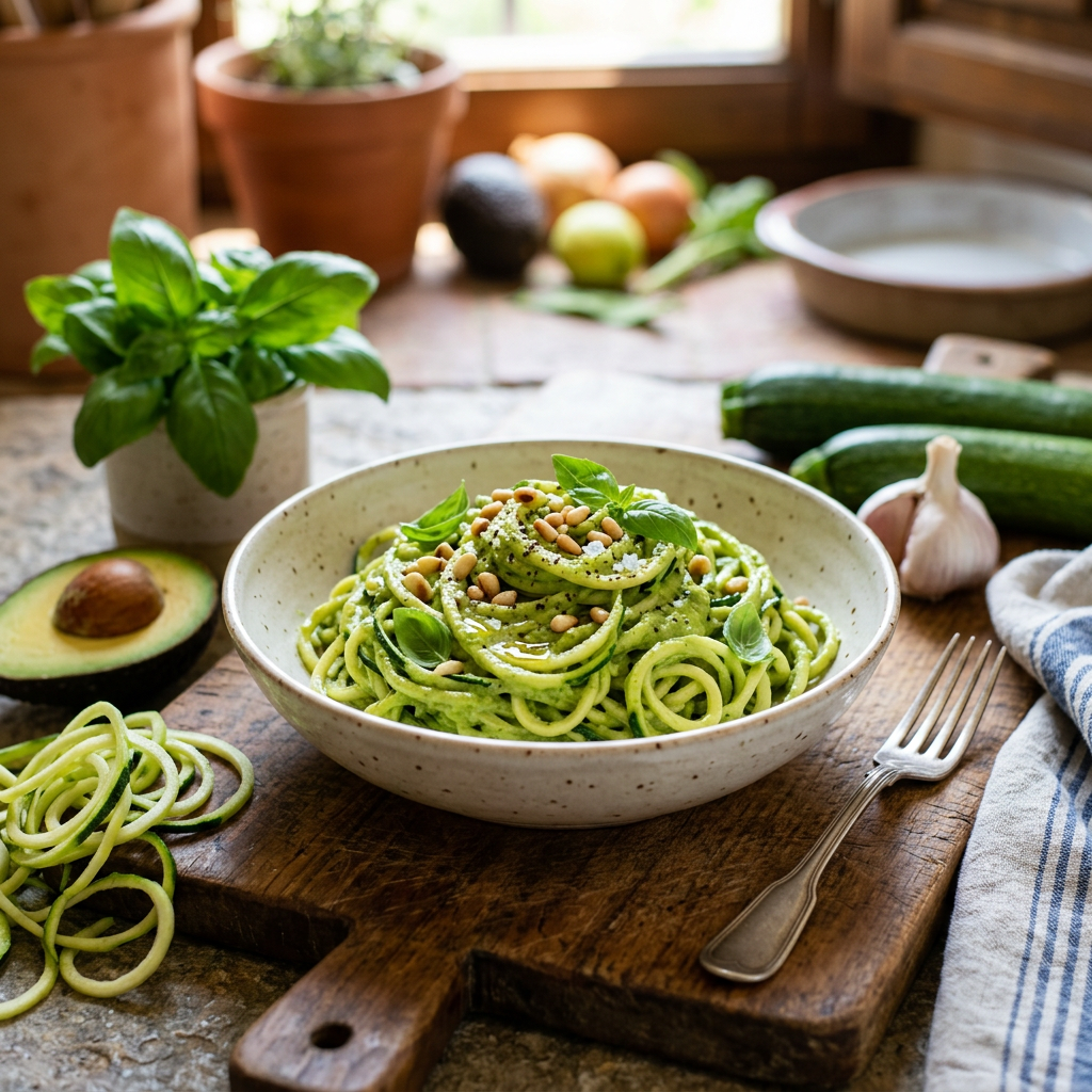 Zucchini Noodles with Avocado–Basil Pesto (Vegan)