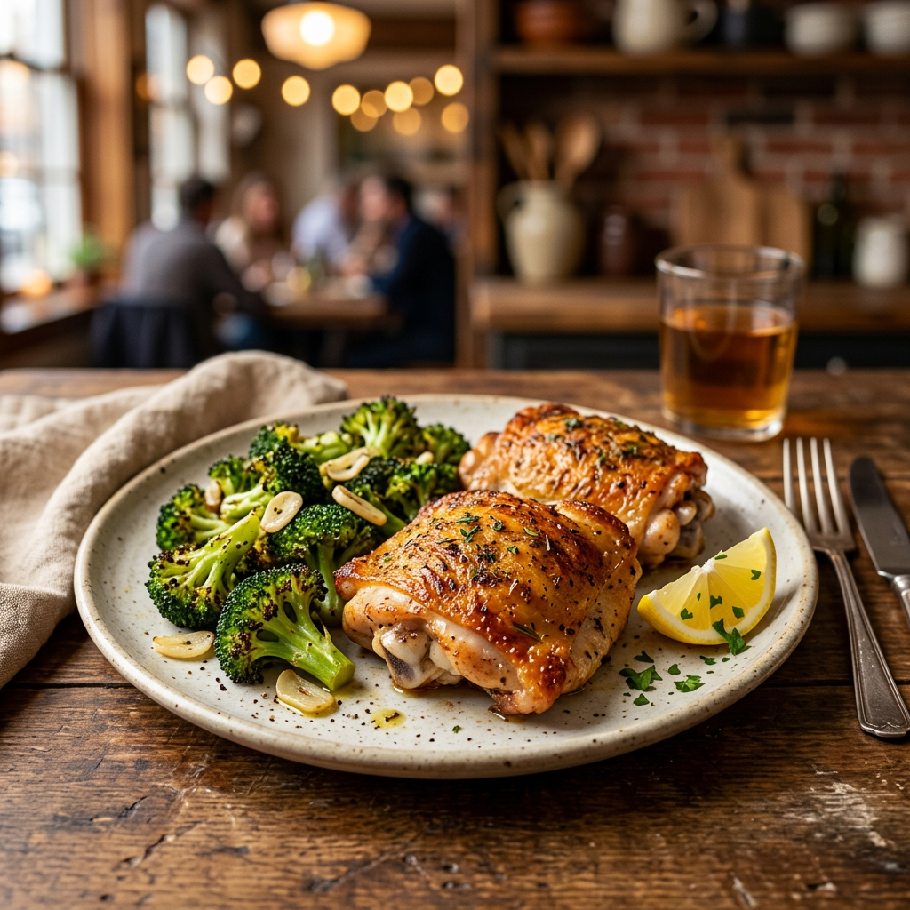Crispy Chicken Thighs with Garlic-Roasted Broccoli