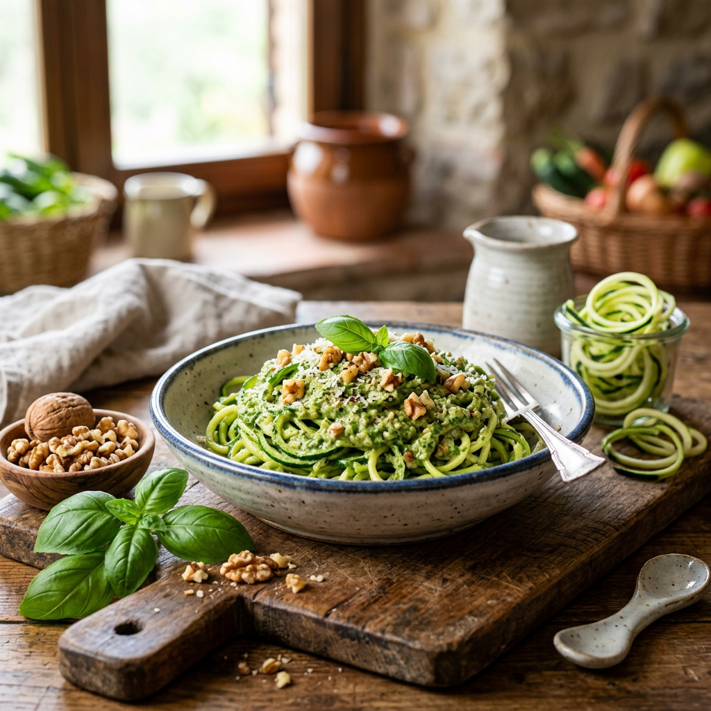 Zucchini Noodles with Basil-Walnut Pesto (Avocado Binder)