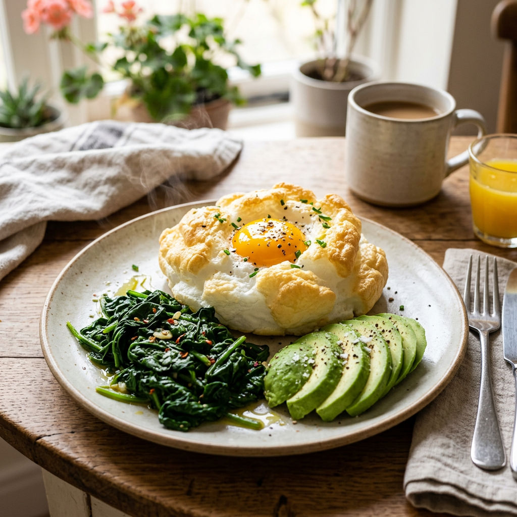 Cloud Egg and Spinach Breakfast with Avocado