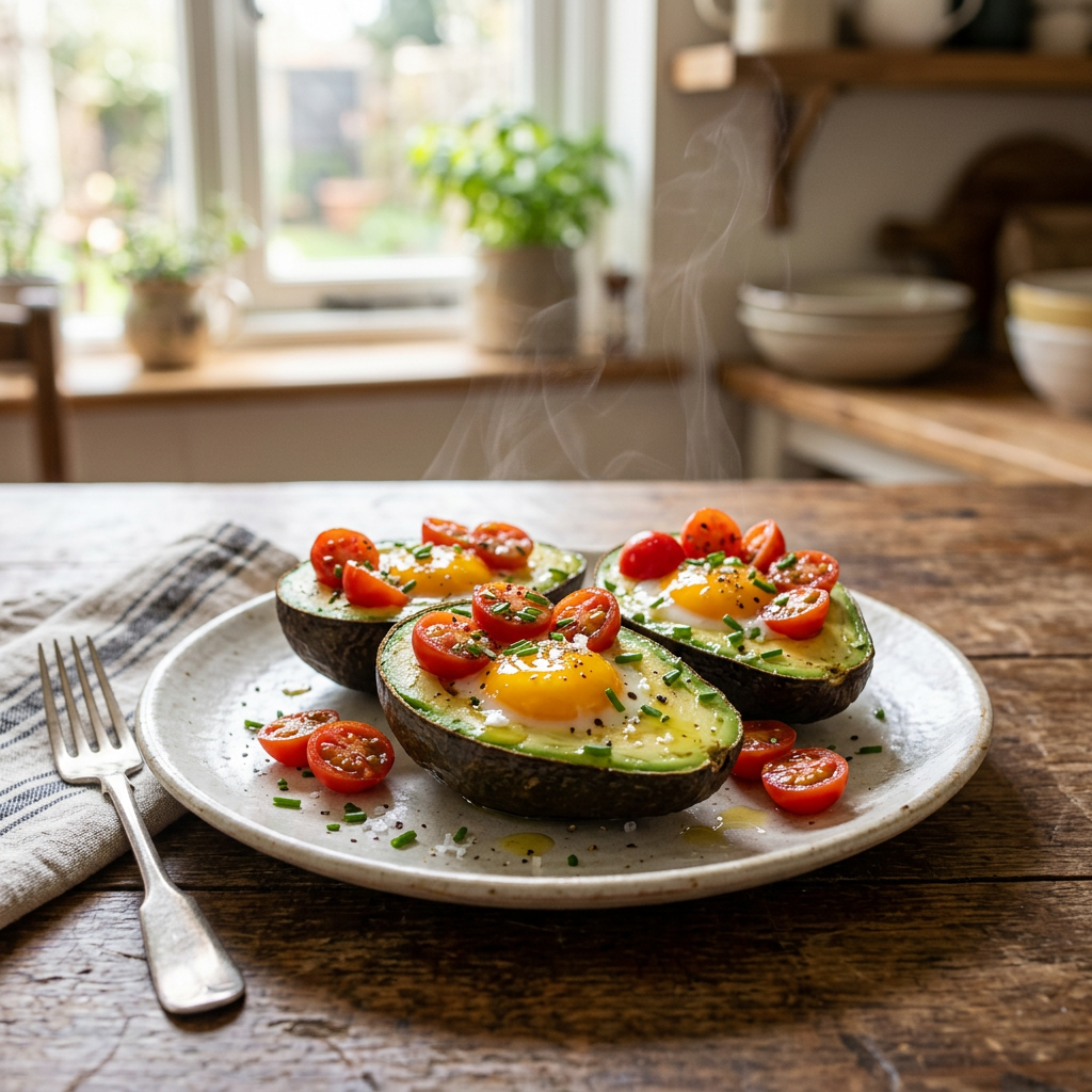 Avocado Egg Boats with Cherry Tomatoes and Chives