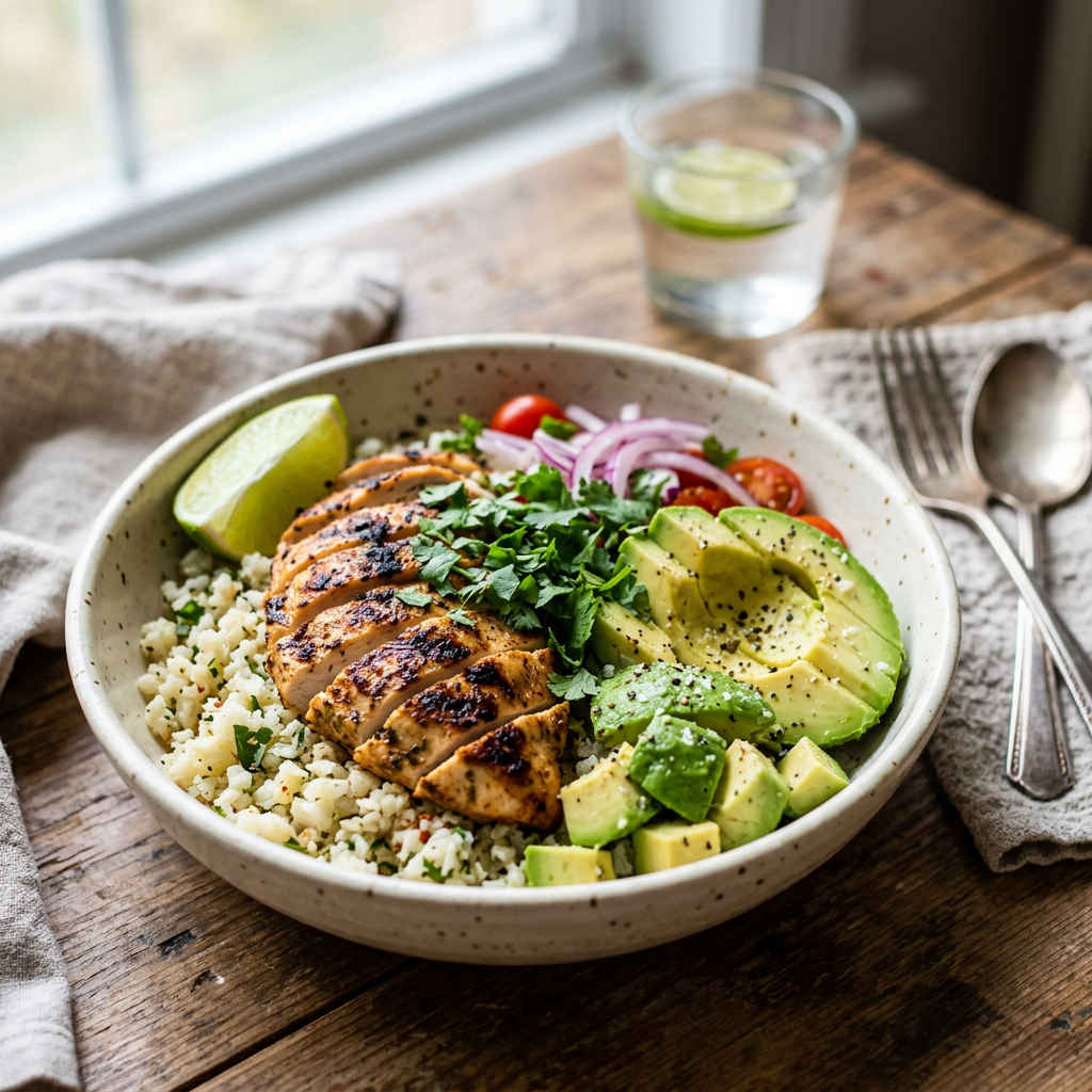 Cauliflower Rice Chicken Bowls with Lime-Avocado
