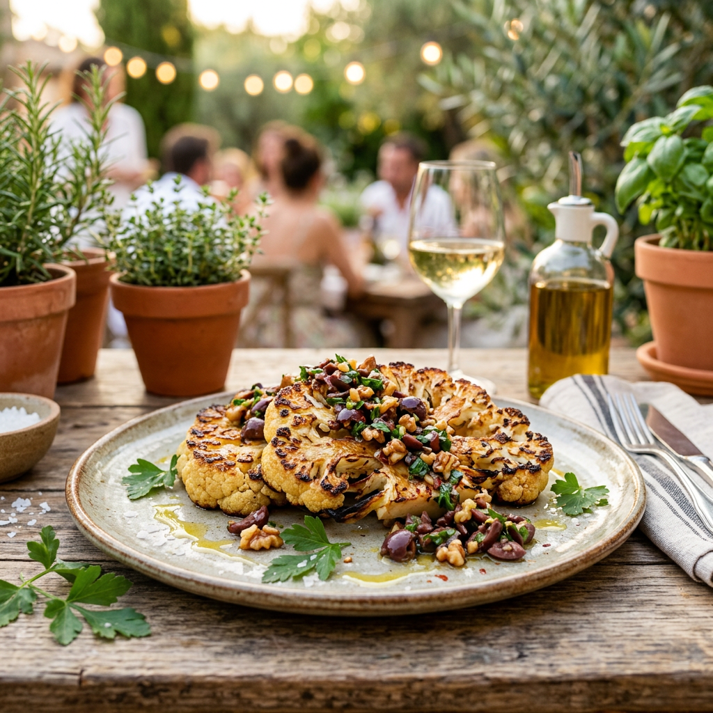 Cauliflower Steaks with Olive and Walnut Salsa