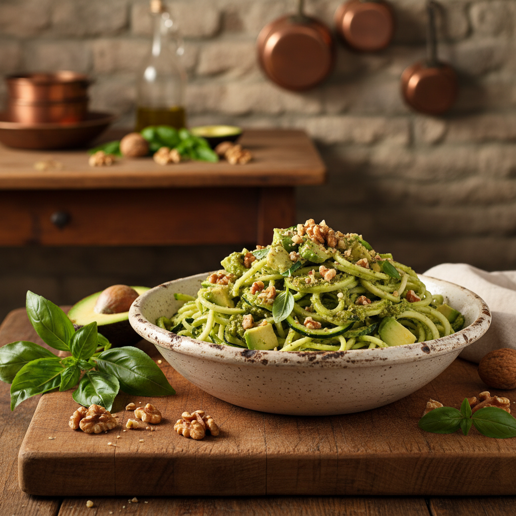 Zucchini Noodles with Walnut-Basil Avocado 'Pesto'