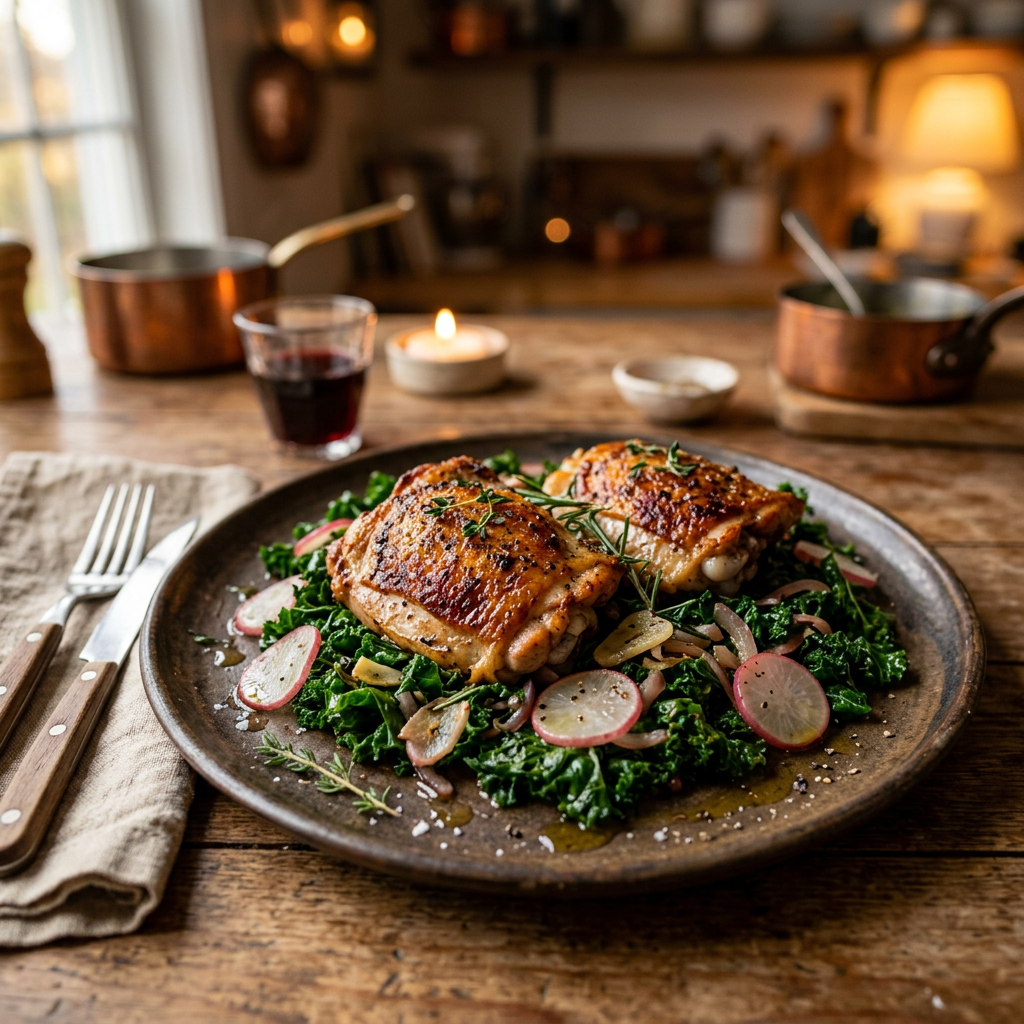 Pan-Seared Chicken Thighs with Kale & Radish