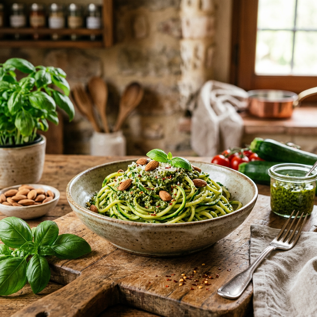 Zucchini 'Pasta' with Almond-Basil Pesto