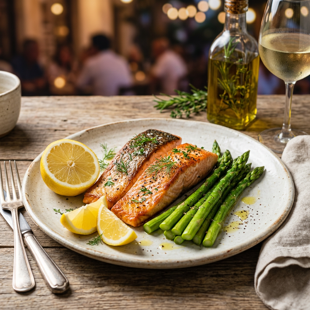 Pan-Seared Salmon with Steamed Asparagus and Lemon