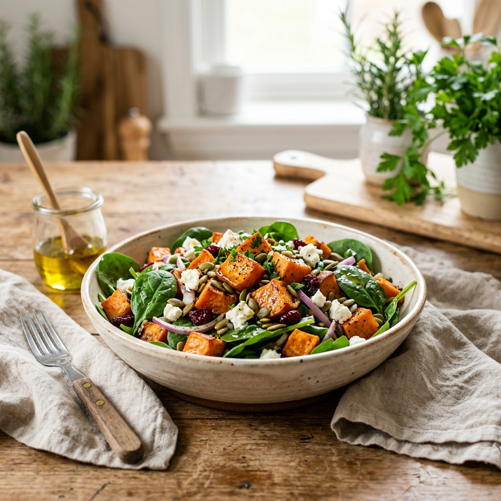 Roasted Sweet Potato and Spinach Salad