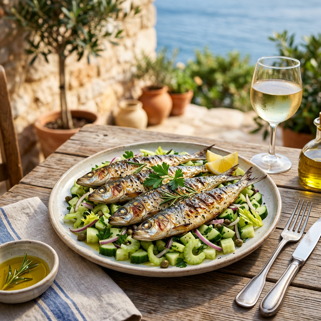 Grilled Whole Sardines with Cucumber, Celery & Parsley Salad