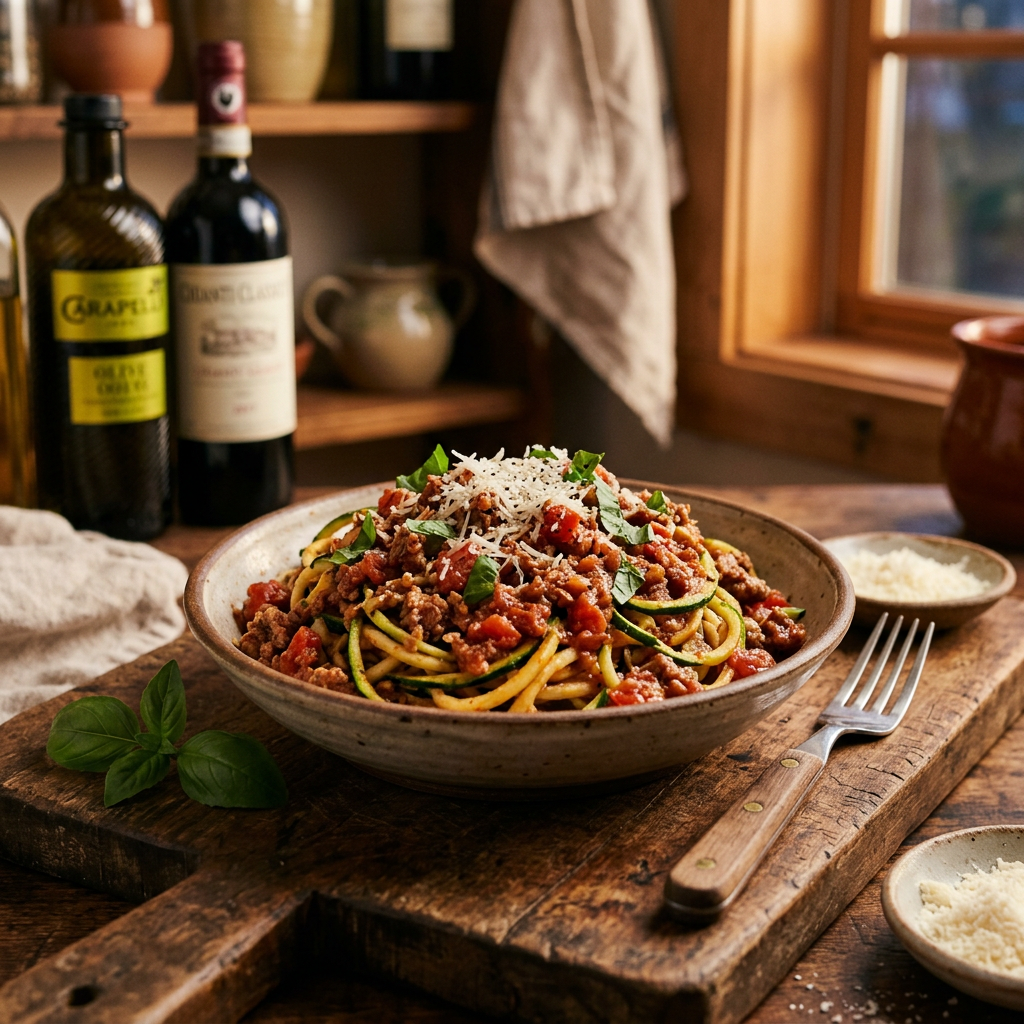 Zucchini Noodle Bolognese with Ground Lamb and Fresh Tomato