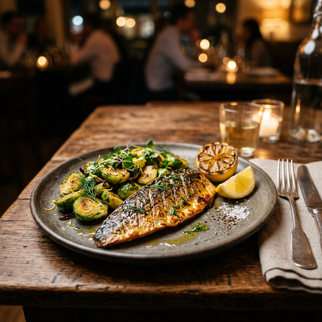 Crispy Skin Mackerel with Lemon-Sautéed Brussels Sprouts