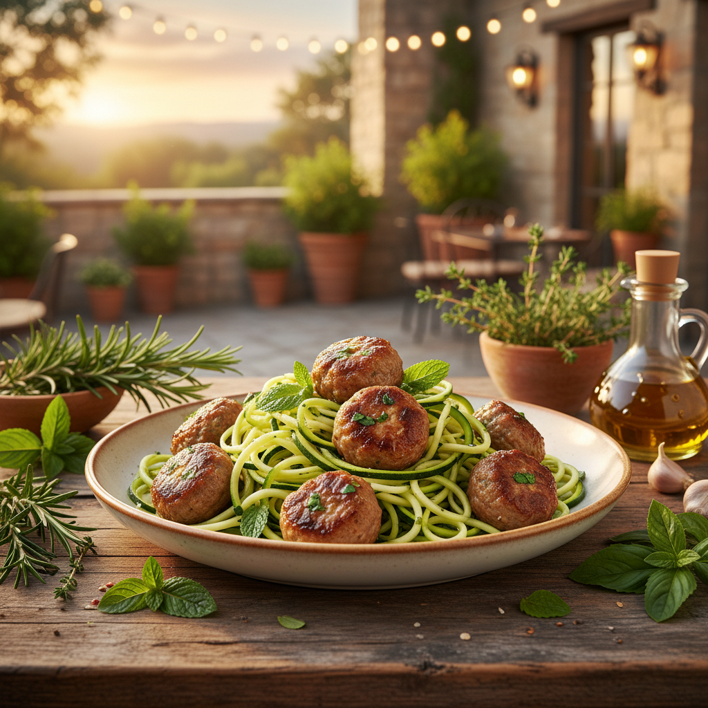 Zucchini Noodles with Lamb Meatballs and Fresh Mint