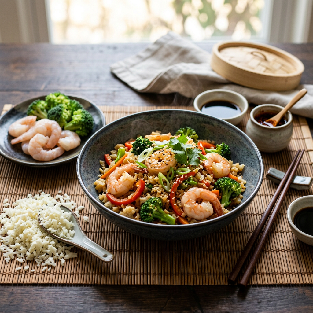 Cauliflower 'Rice' Stir-Fry with Shrimp and Broccoli