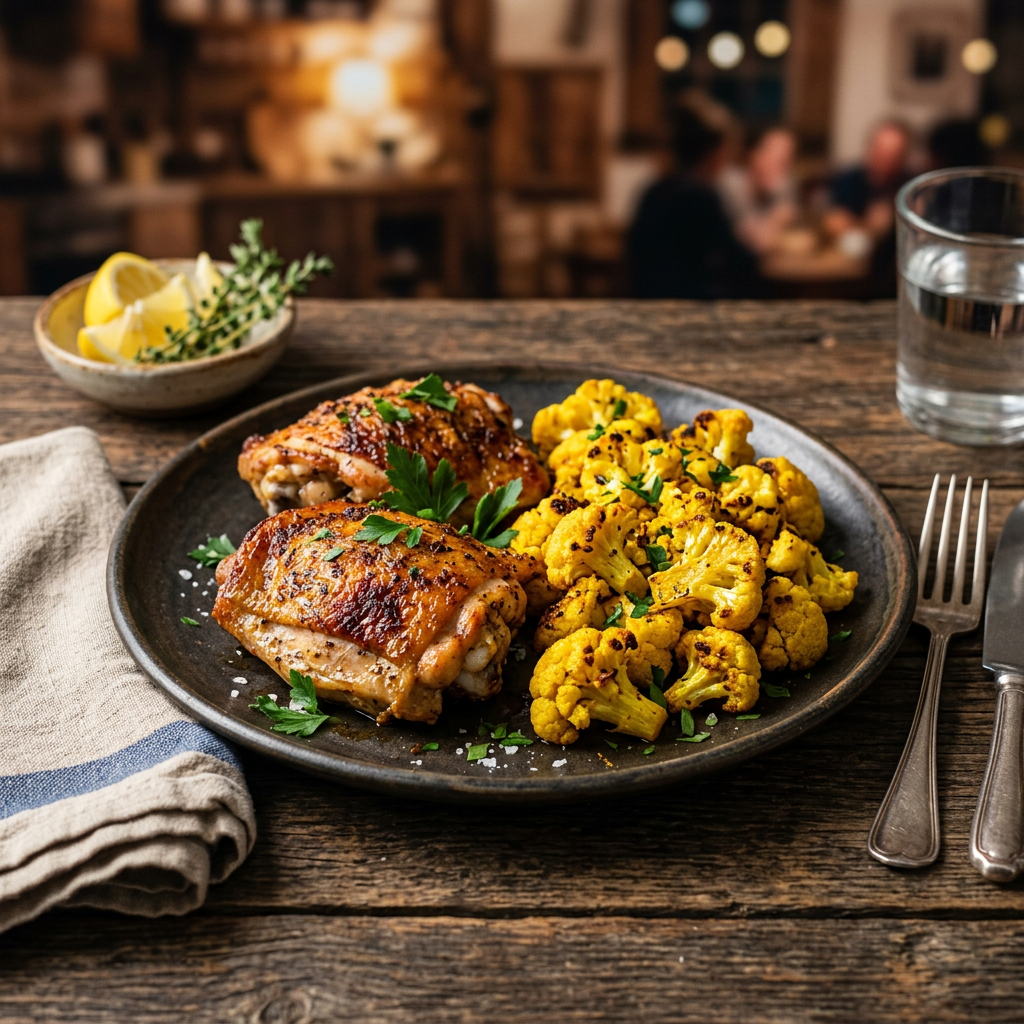 Oven-Roasted Chicken Thighs with Turmeric Cauliflower