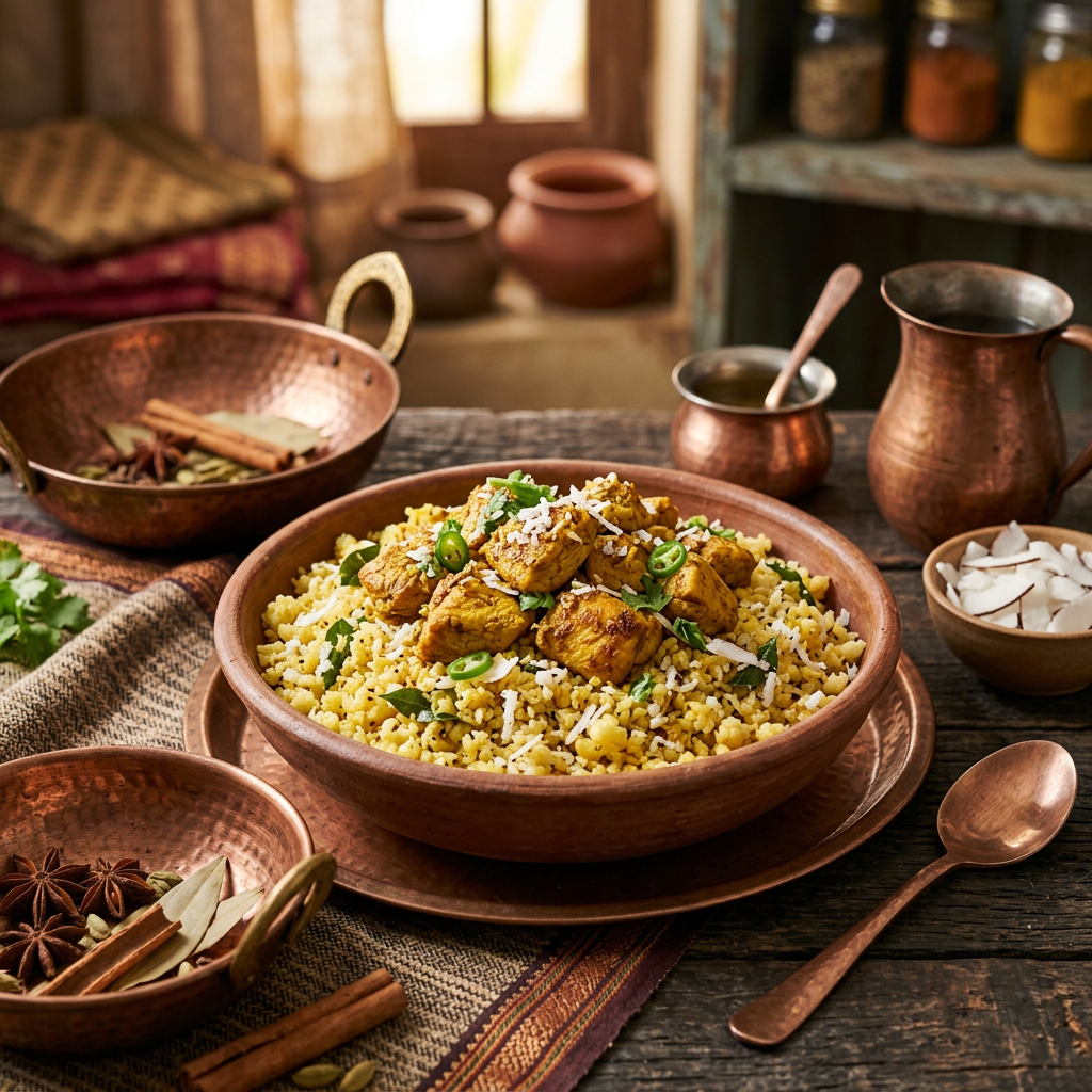Cauliflower Rice with Turmeric Chicken and Fresh Coconut
