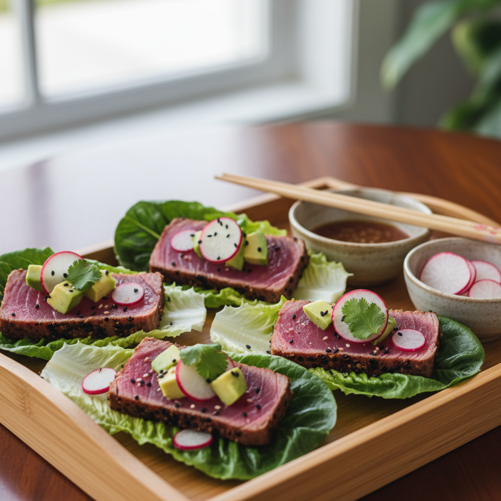 Seared Ahi Tuna Lettuce Boats with Avocado and Radish