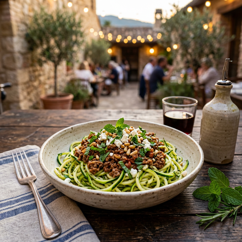 Zucchini Noodles with Spiced Ground Lamb and Fresh Mint