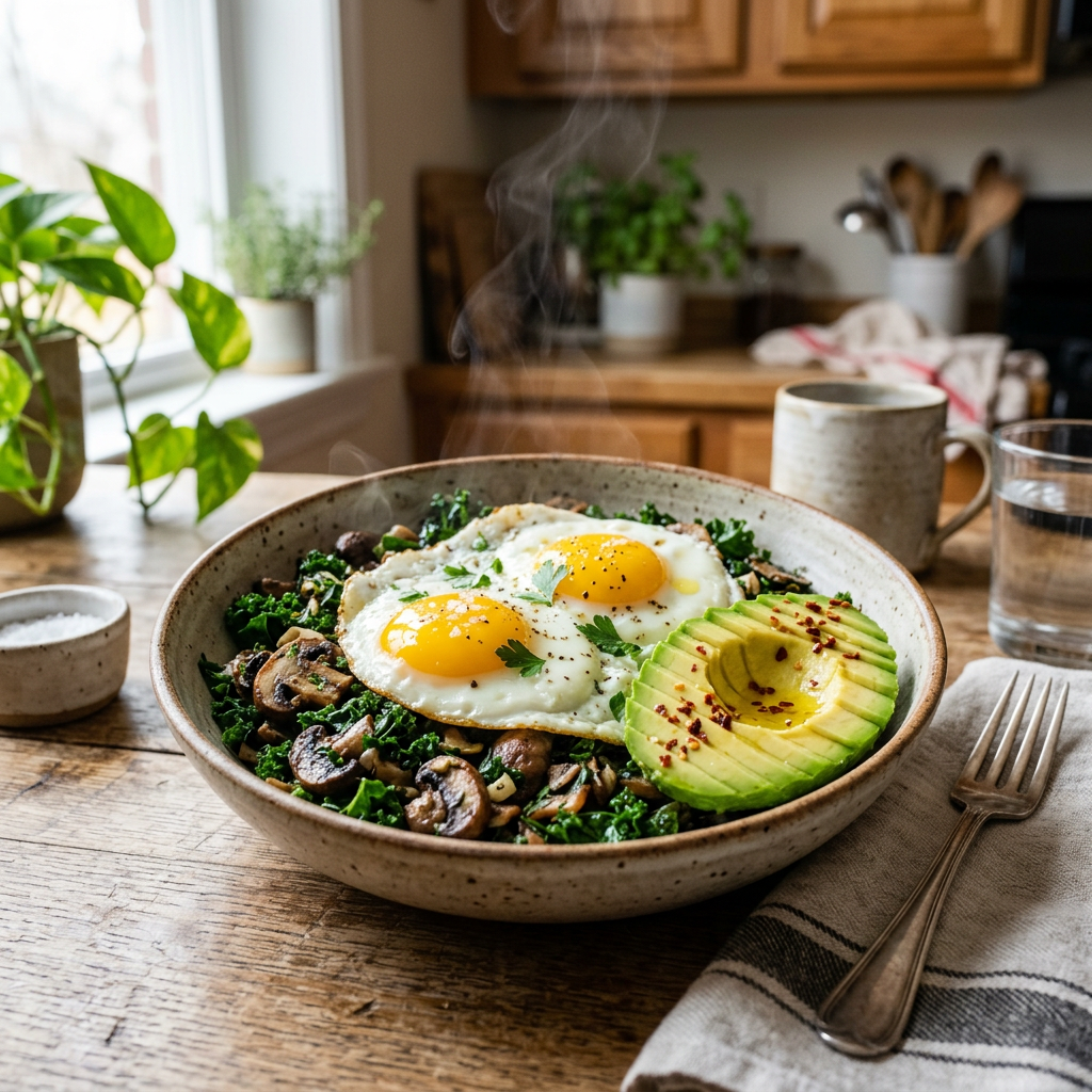 Keto Egg Bowl with Sautéed Kale, Mushrooms & Avocado
