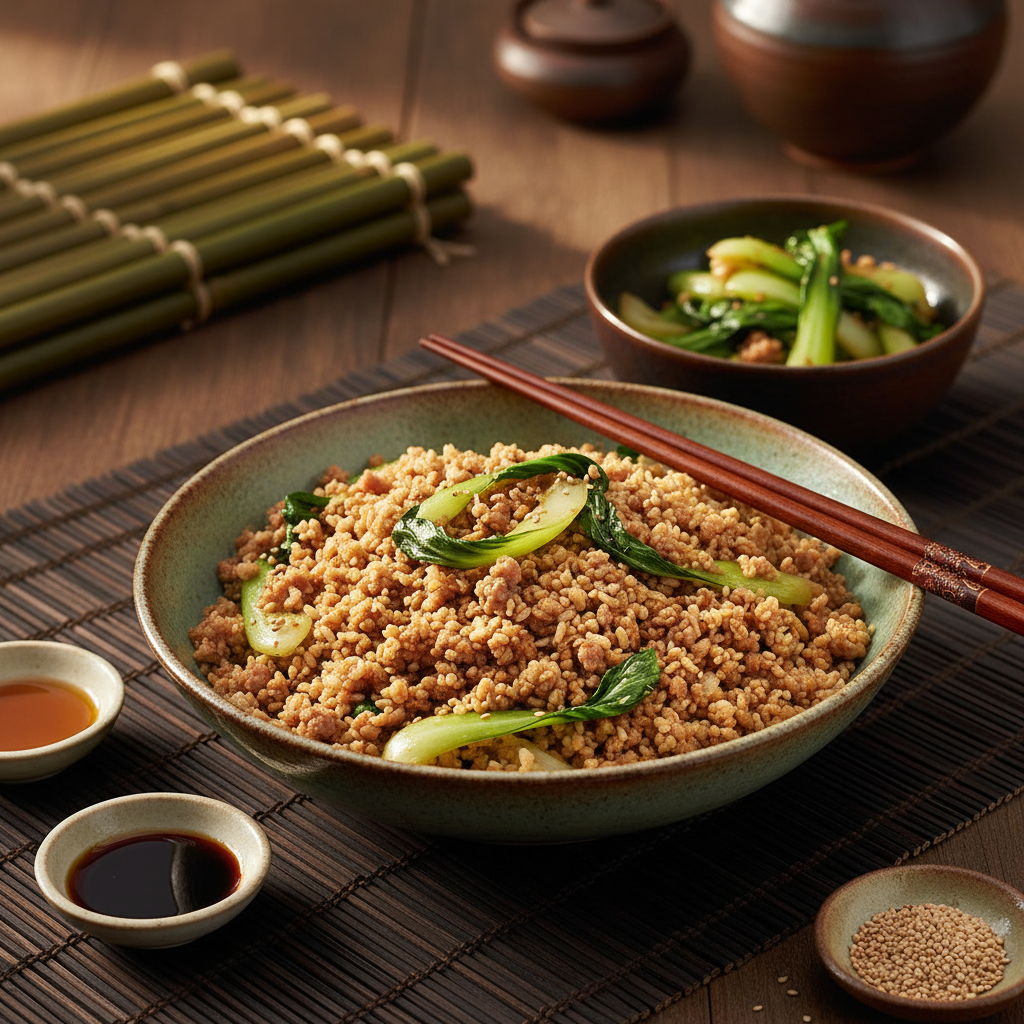 Cauliflower Rice Stir-Fry with Ground Pork and Bok Choy