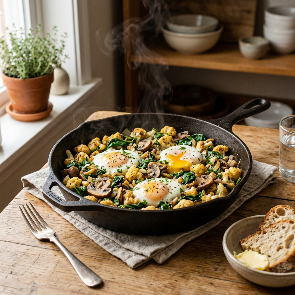 Cauliflower & Spinach Breakfast Skillet with Soft Eggs