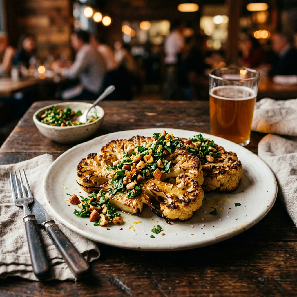 Roasted Cauliflower Steaks with Toasted Almond Herb Salsa