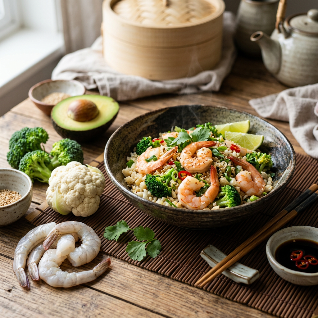 Cauliflower 'Rice' Stir with Shrimp, Broccoli & Avocado