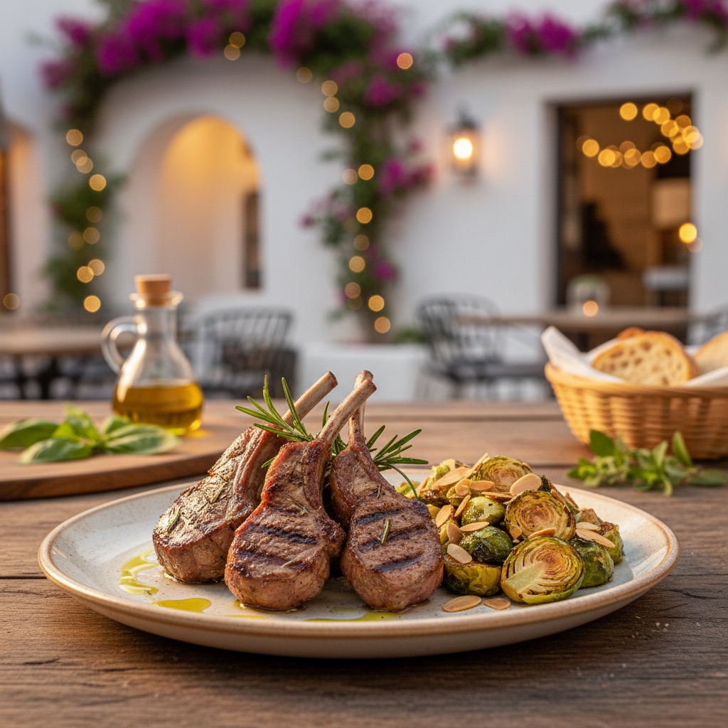 Rosemary-Grilled Lamb Chops with Roasted Brussels and Almonds
