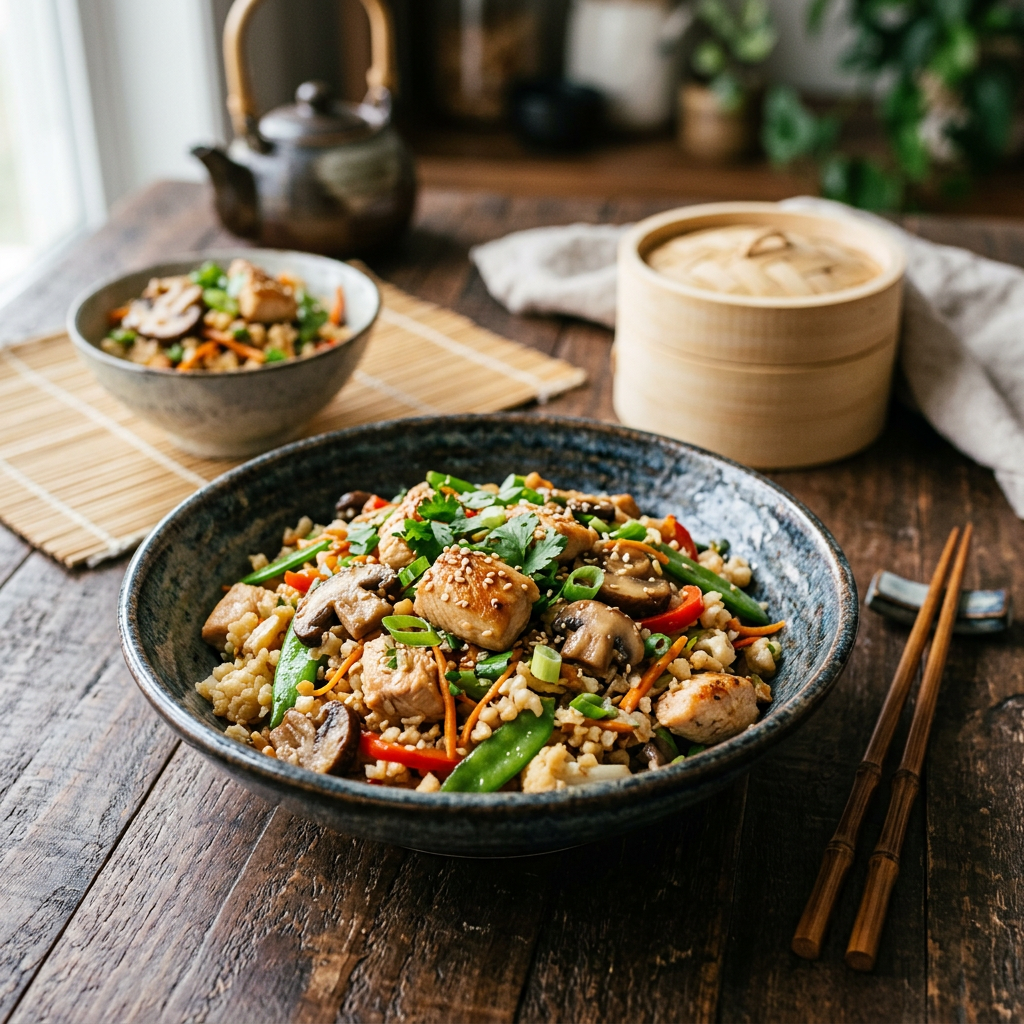Cauliflower Rice Stir-Fry with Chicken and Mushrooms