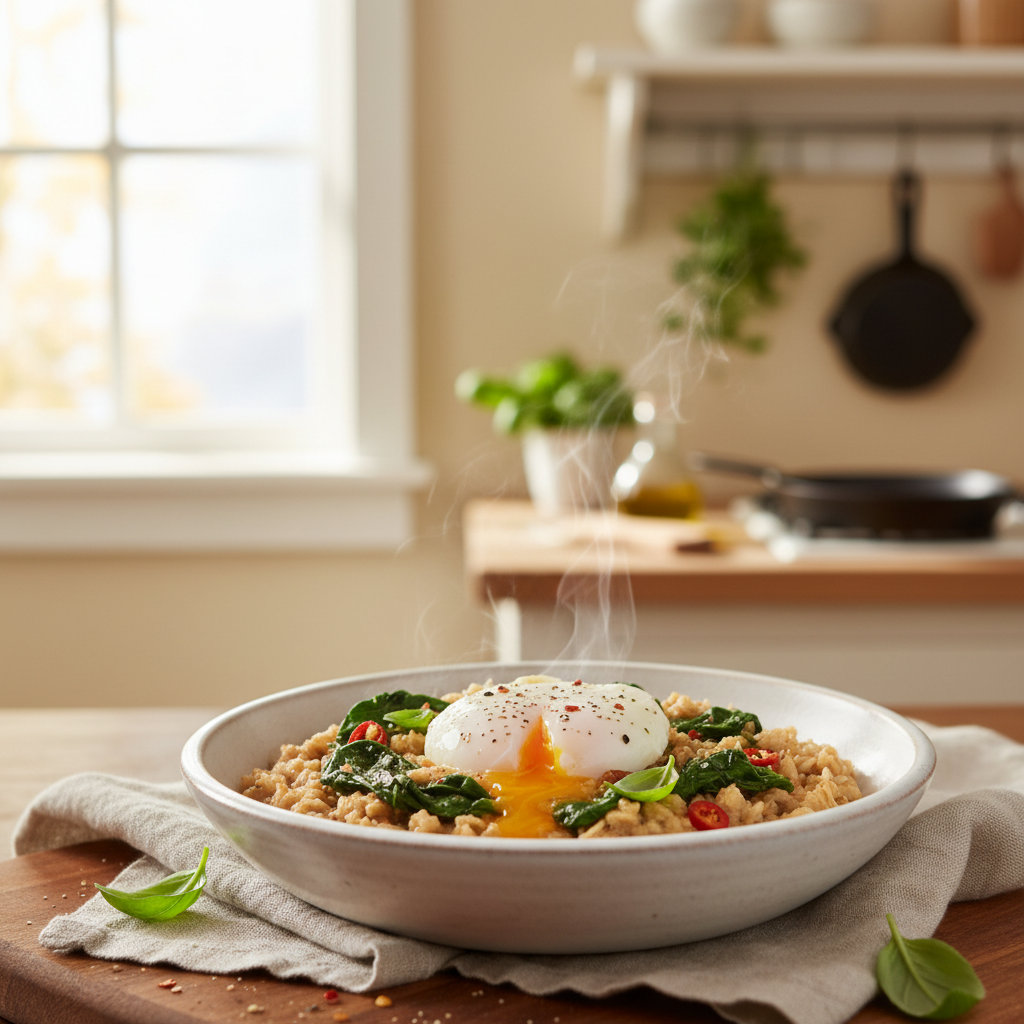 Savory Oatmeal with Spinach and Poached Egg