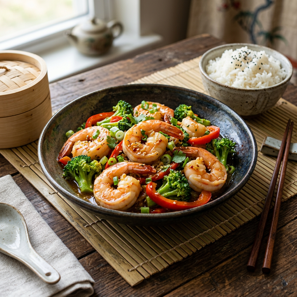 Ginger-Garlic Shrimp with Broccoli and Bell Pepper