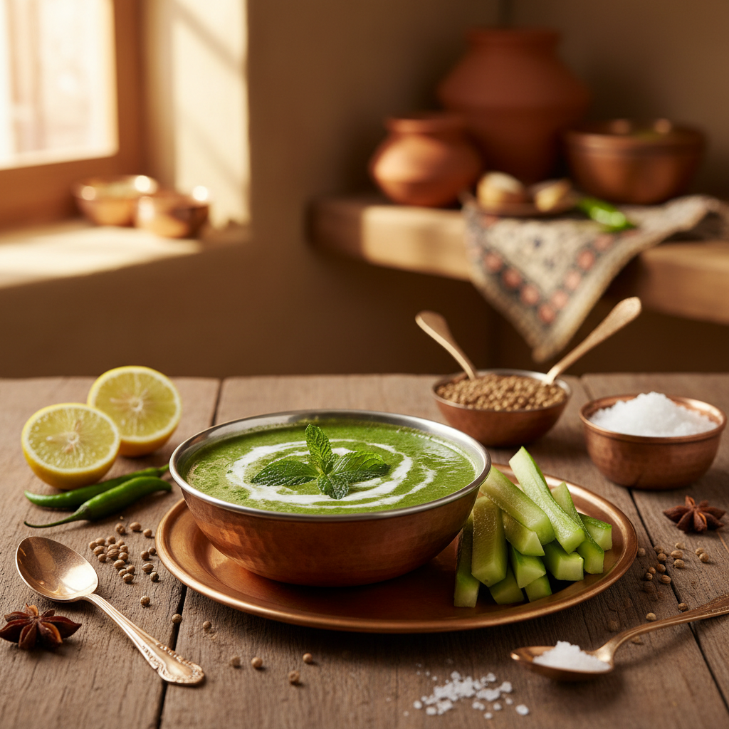 Mint Chutney with Cucumber Sticks