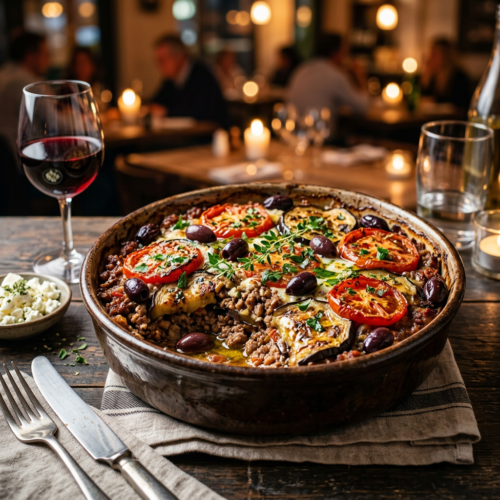 Greek-Style Baked Lamb with Eggplant, Tomatoes and Olives