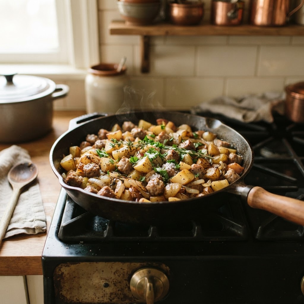 One-Skillet Sausage and Apple Hash