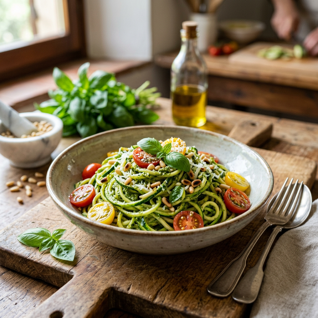 Zucchini Noodles with Pesto and Cherry Tomatoes