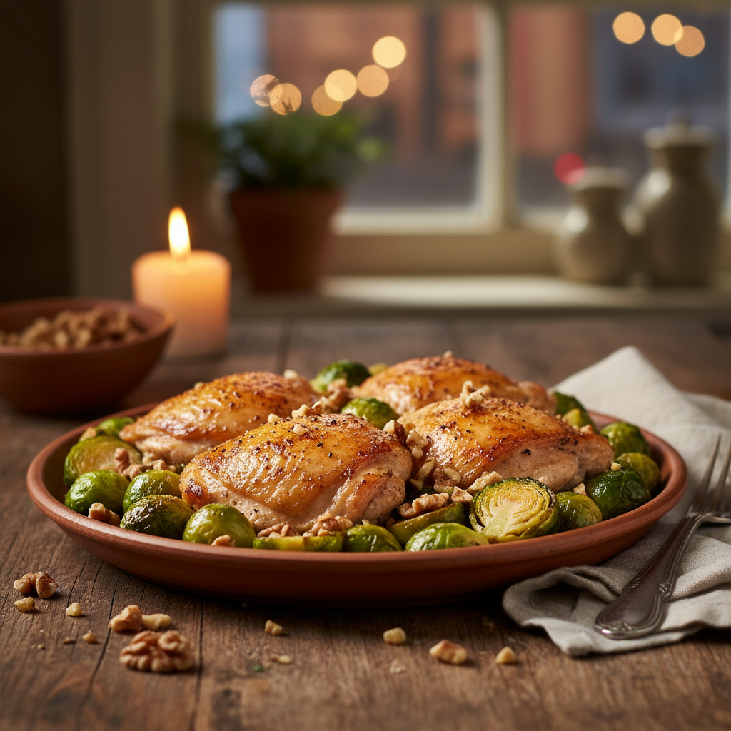 Oven-Roasted Chicken Thighs with Brussels Sprouts & Walnuts