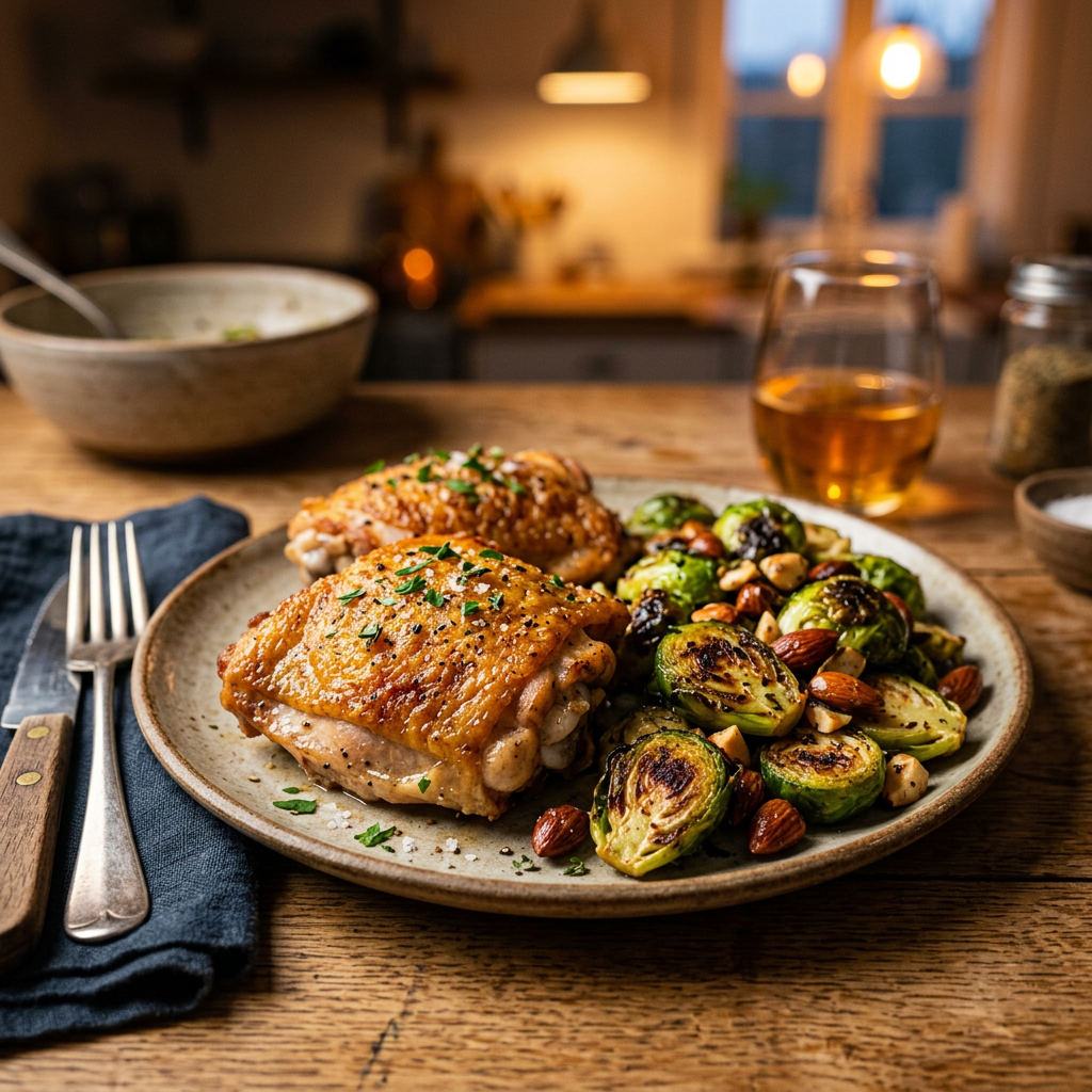 Crispy Skin Chicken Thighs with Roasted Brussels Sprouts & Almonds
