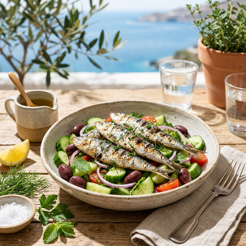 Grilled Sardine and Cucumber Salad with Olive Halves