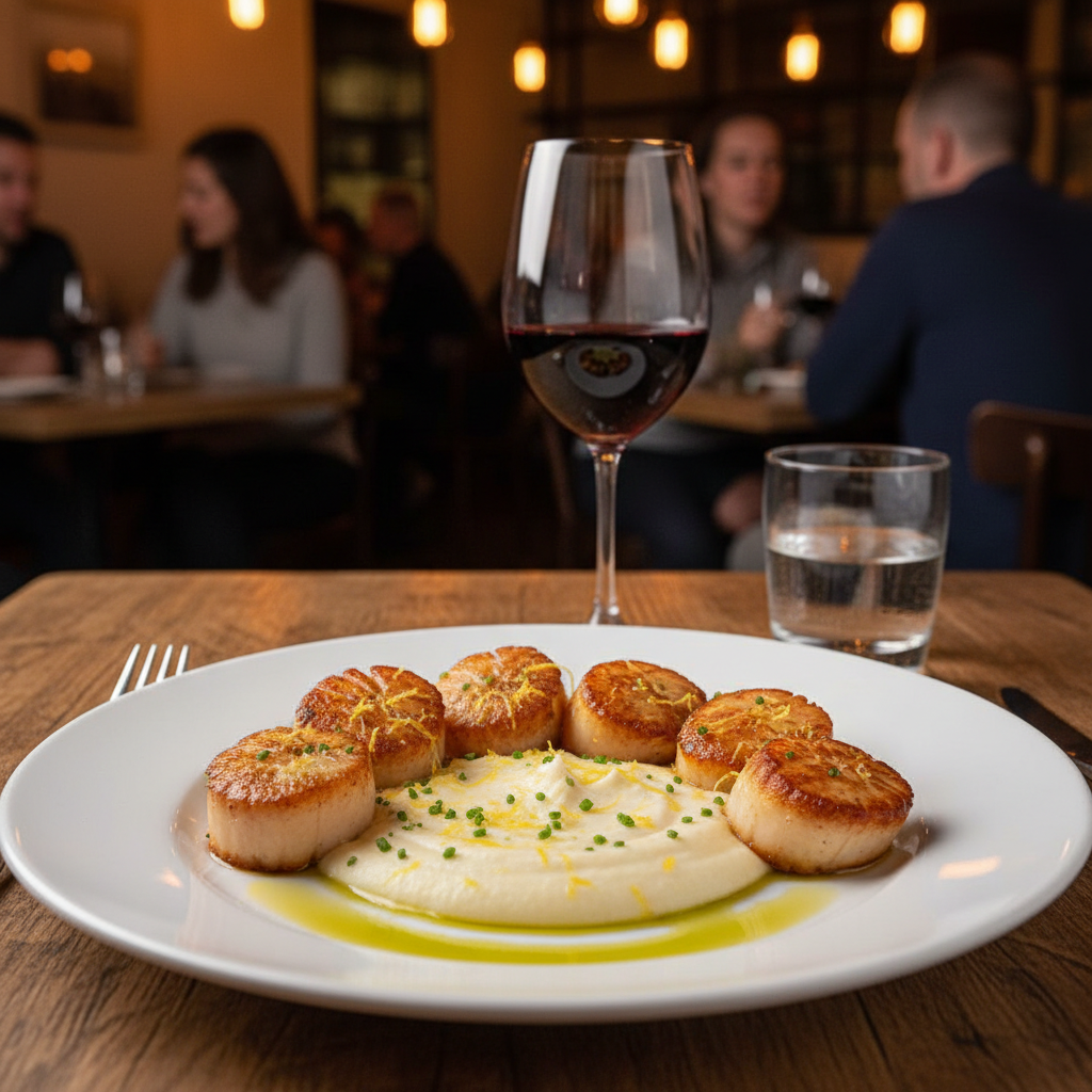 Seared Scallops over Cauliflower Purée with Lemon Zest