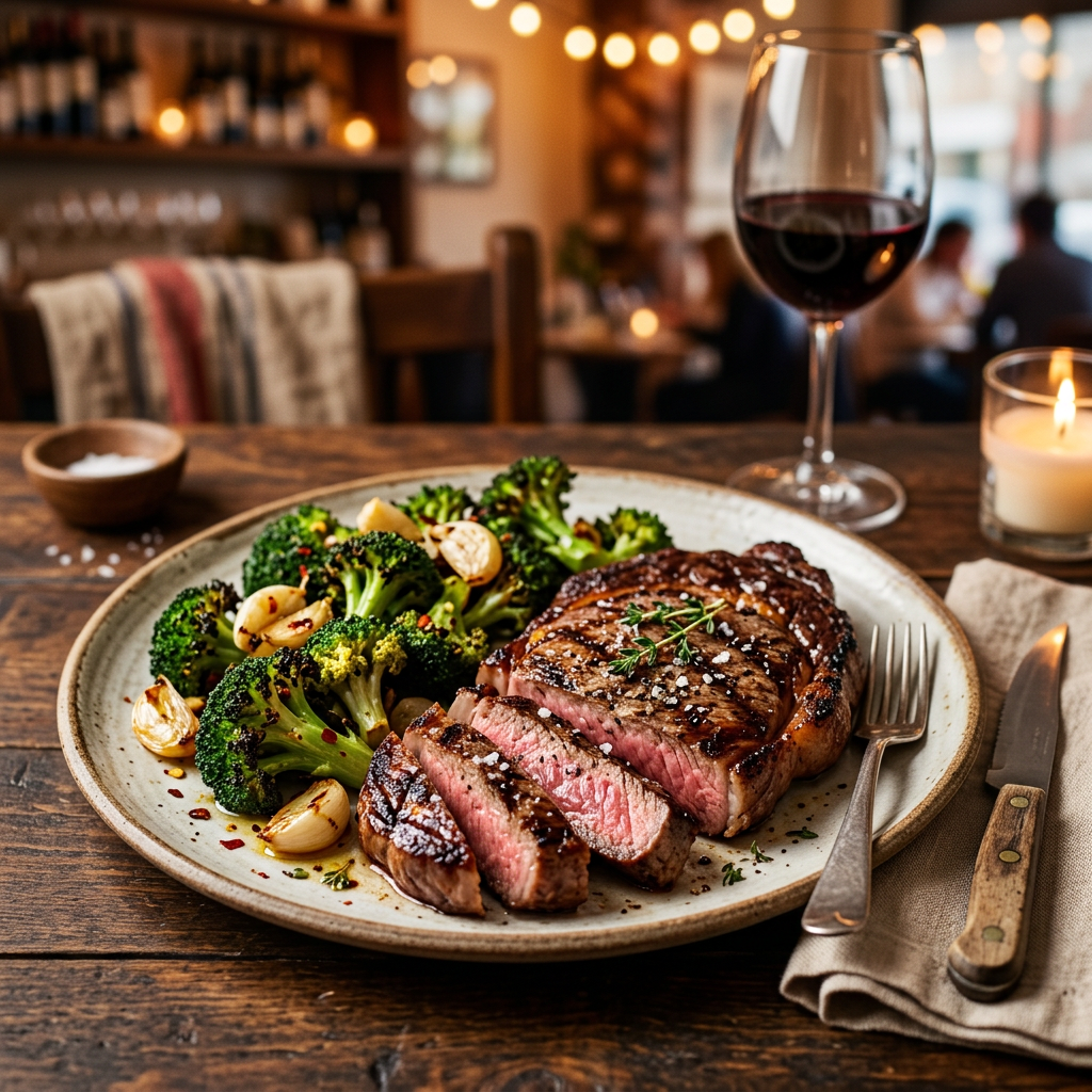 Grilled Ribeye with Charred Garlic Broccoli