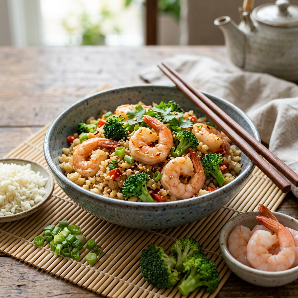 Cauliflower Rice Stir-Fry with Shrimp and Broccoli