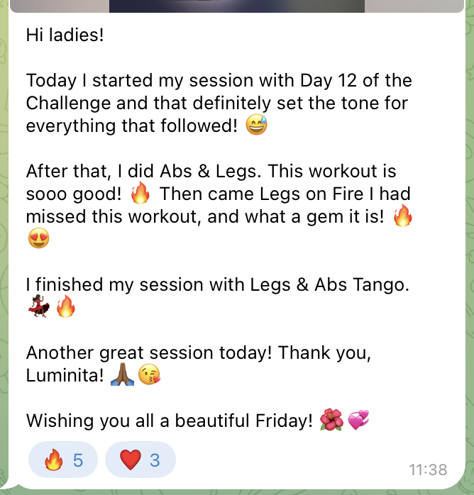 A real member message from the Glow Walk Club Telegram community