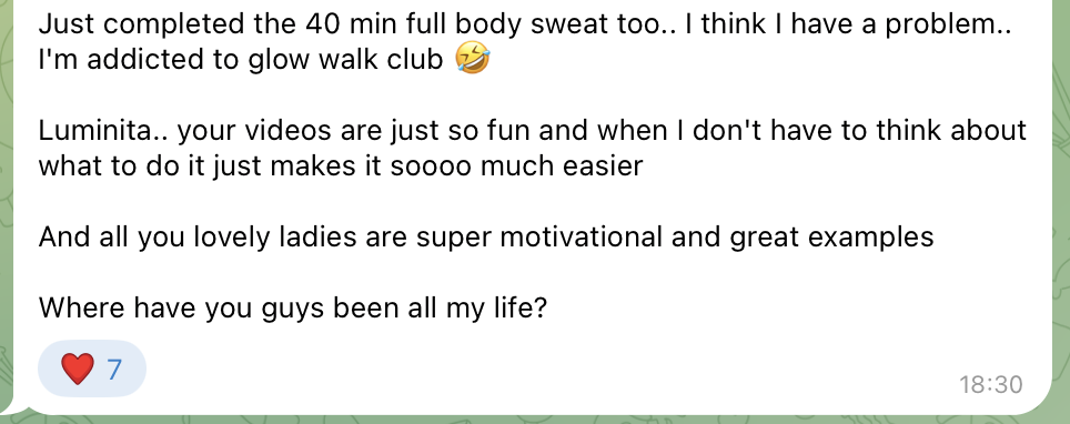 A real member message from the Glow Walk Club Telegram community
