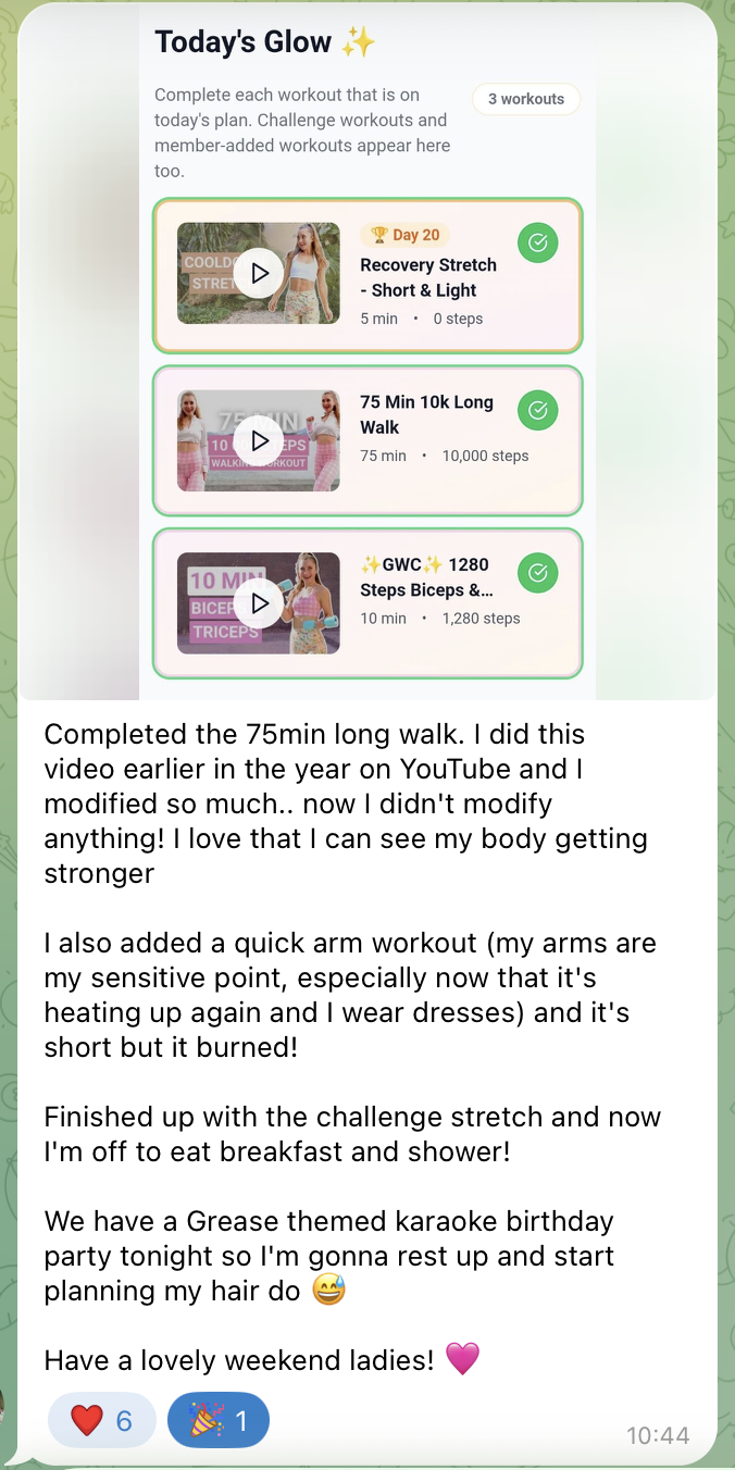 A real member message from the Glow Walk Club Telegram community